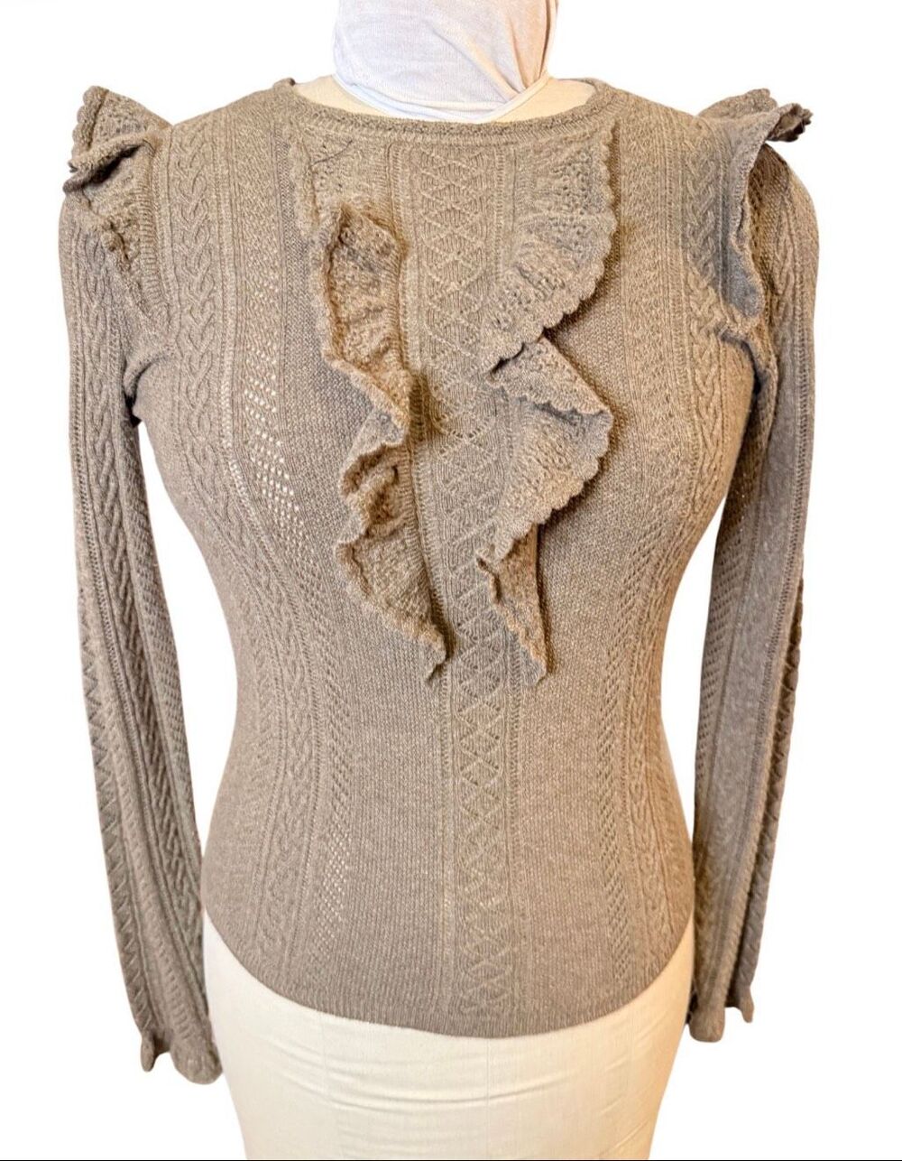 Polo Ralph Lauren Merino Wool Ruffle Sweater Lt. Brown XS Retro Vintage